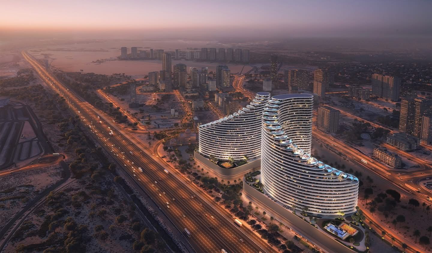 Binghatti SkyFlame - منظر جوي ليلي